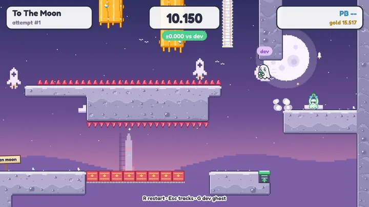 FUMBO gameplay: a little ghost racing its earlier attempts across moonlit stone platforms on the To The Moon track.